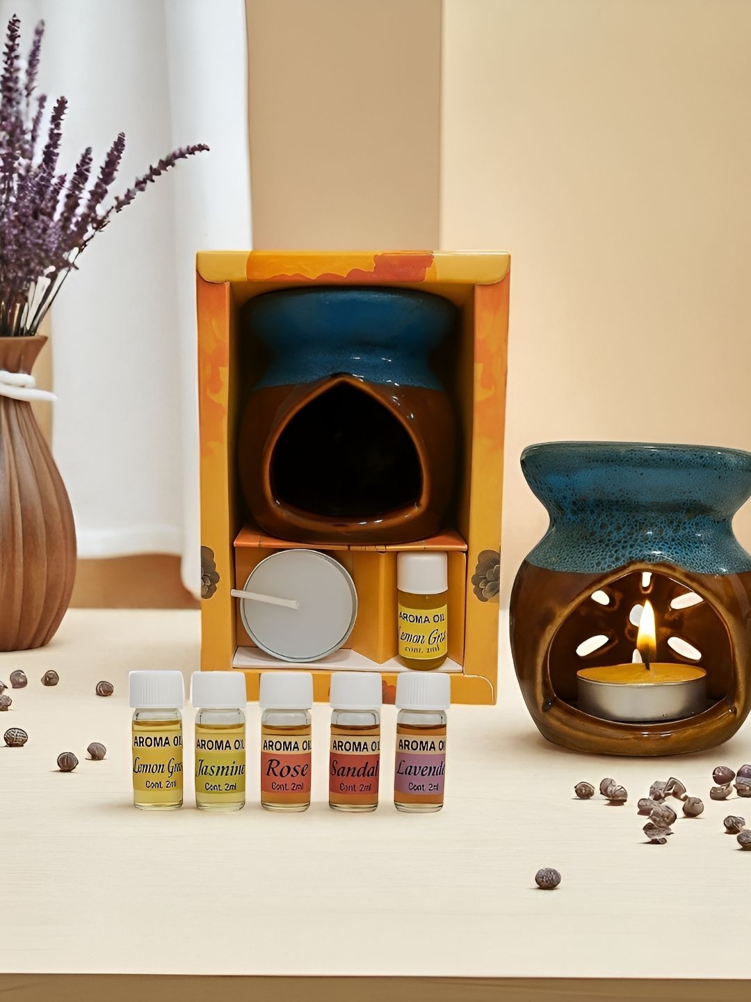 Ascension 7Pcs Blue & Brown Ceramic Burner With Candle & Fragrance Oils - 2ml Each-picture-35