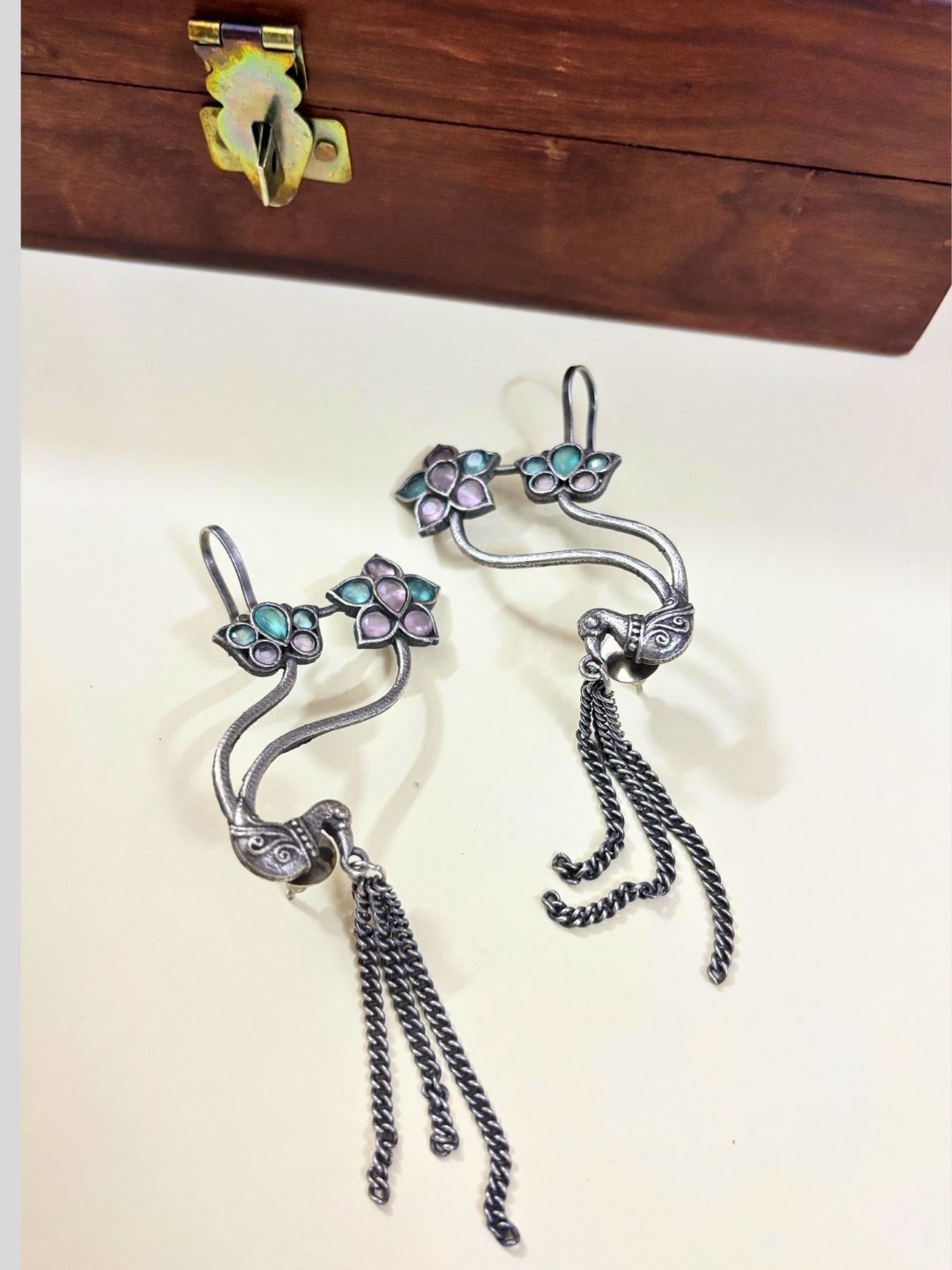 VIVAZS Silver-Plated Artificial Stones Studded And Beaded Oxidised Bird Shaped Ear Cuff-picture-33