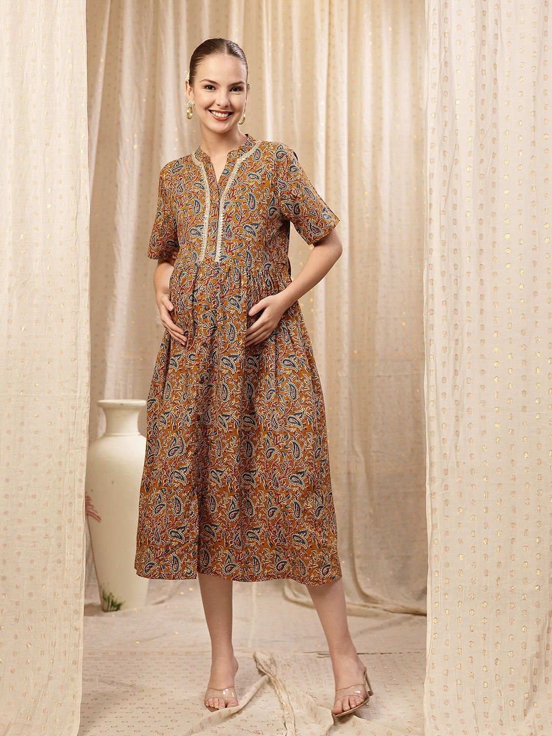 House Of Zelena Women Maternity Paisley Printed Mandarin Collar Fit & Flare Midi Dress-image-31