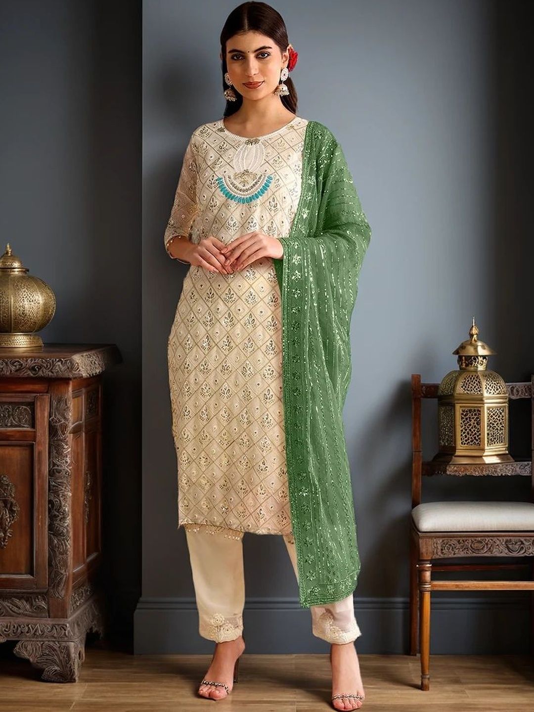 INDIAN POSHAK Women Ethnic Motifs Embroidered Georgette Kurta with Trousers & Dupatta-picture-14