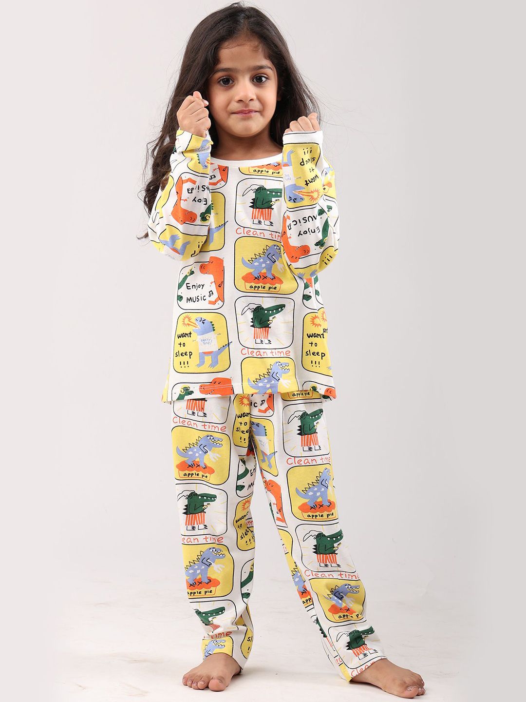Anthrilo Girls Dinosaur Stamp Long Sleeve Pure Cotton Pyjama Set