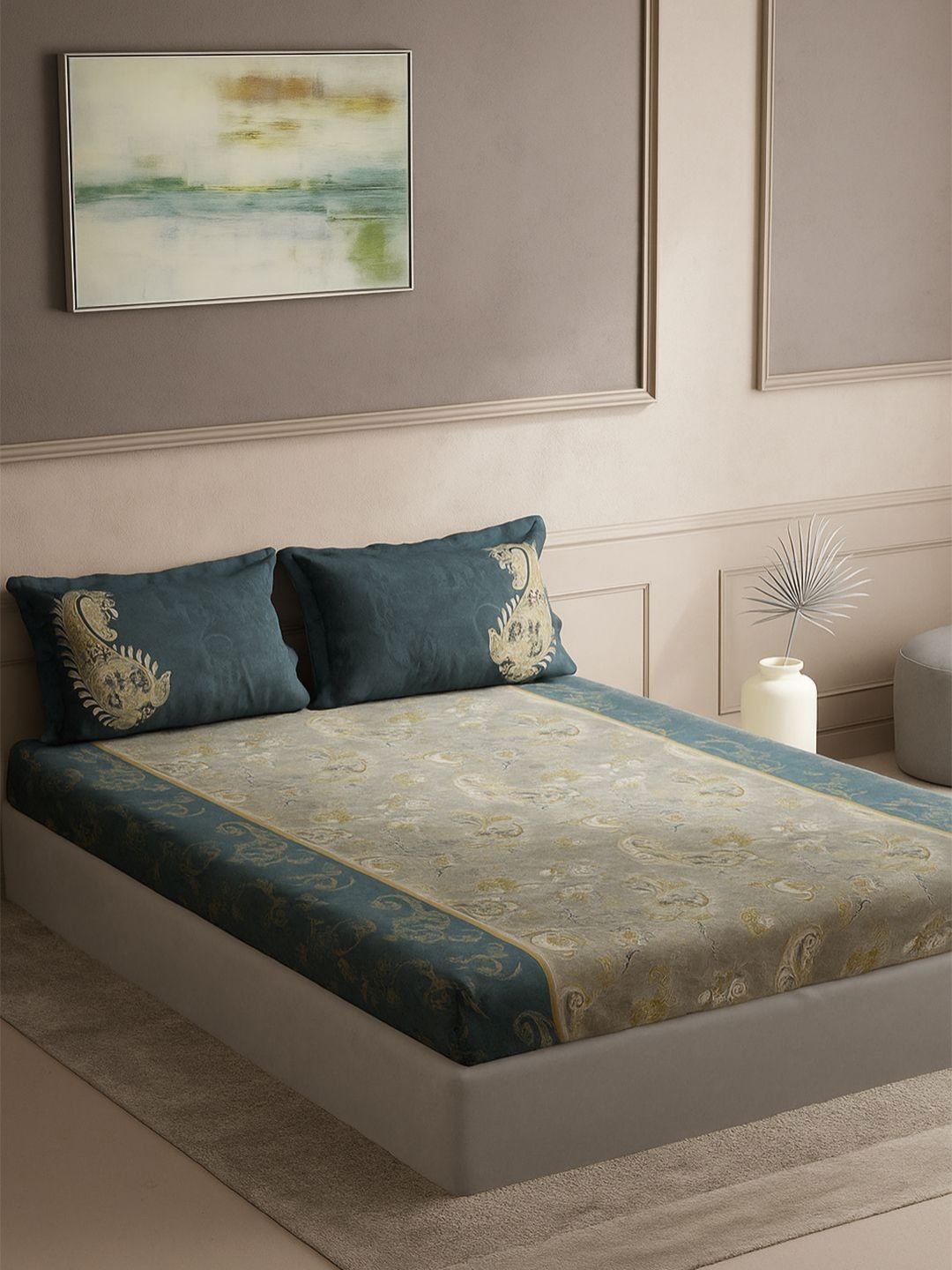 DDecor Blue & Grey Souvenir Motifs Printed 144 TC Cotton Bedsheet Set 2.74 m X 2.74 m-picture-33