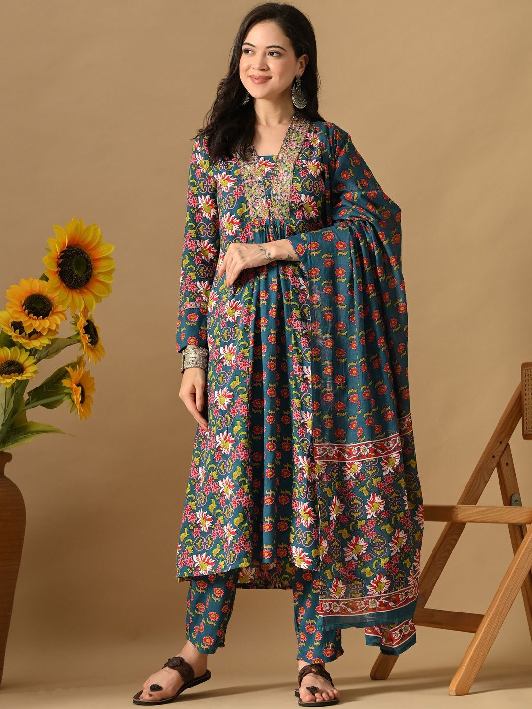 KAMODIAZ Women Floral Printed Panelled Pure Cotton Kurta with Trousers & With Dupatta-picture-38