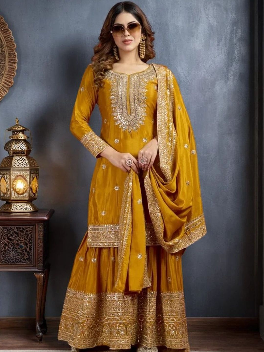 INDIAN POSHAK Women Ethnic Motifs Embroidered Regular Sequinned Kurta Sharara &Dupatta-image-40
