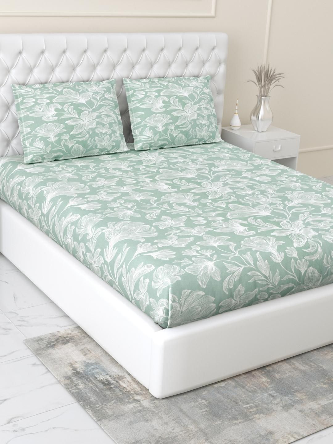 haus & kinder Green & White 186 TC Fitted Cotton Double Queen Bedsheet Set 1.99 m x 1.53 m-picture-23