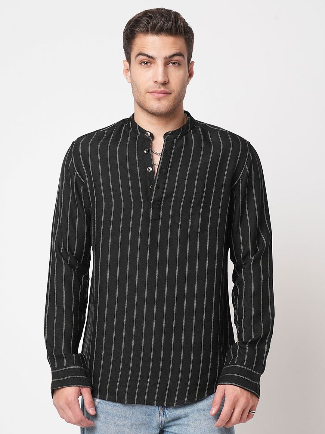 VASTRADO Striped Band Collar Thread Work Pure Cotton Straight Kurta-picture-28