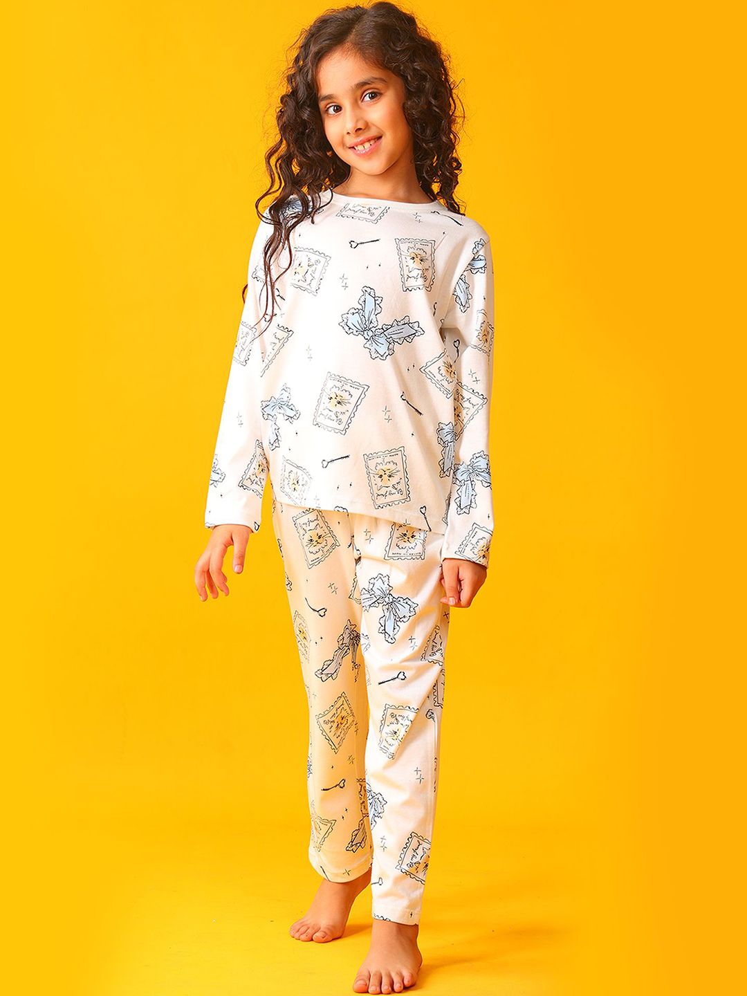 Anthrilo Girls Bow Key Cat Printed T-shirt & Pyjamas Night Suits-picture-28