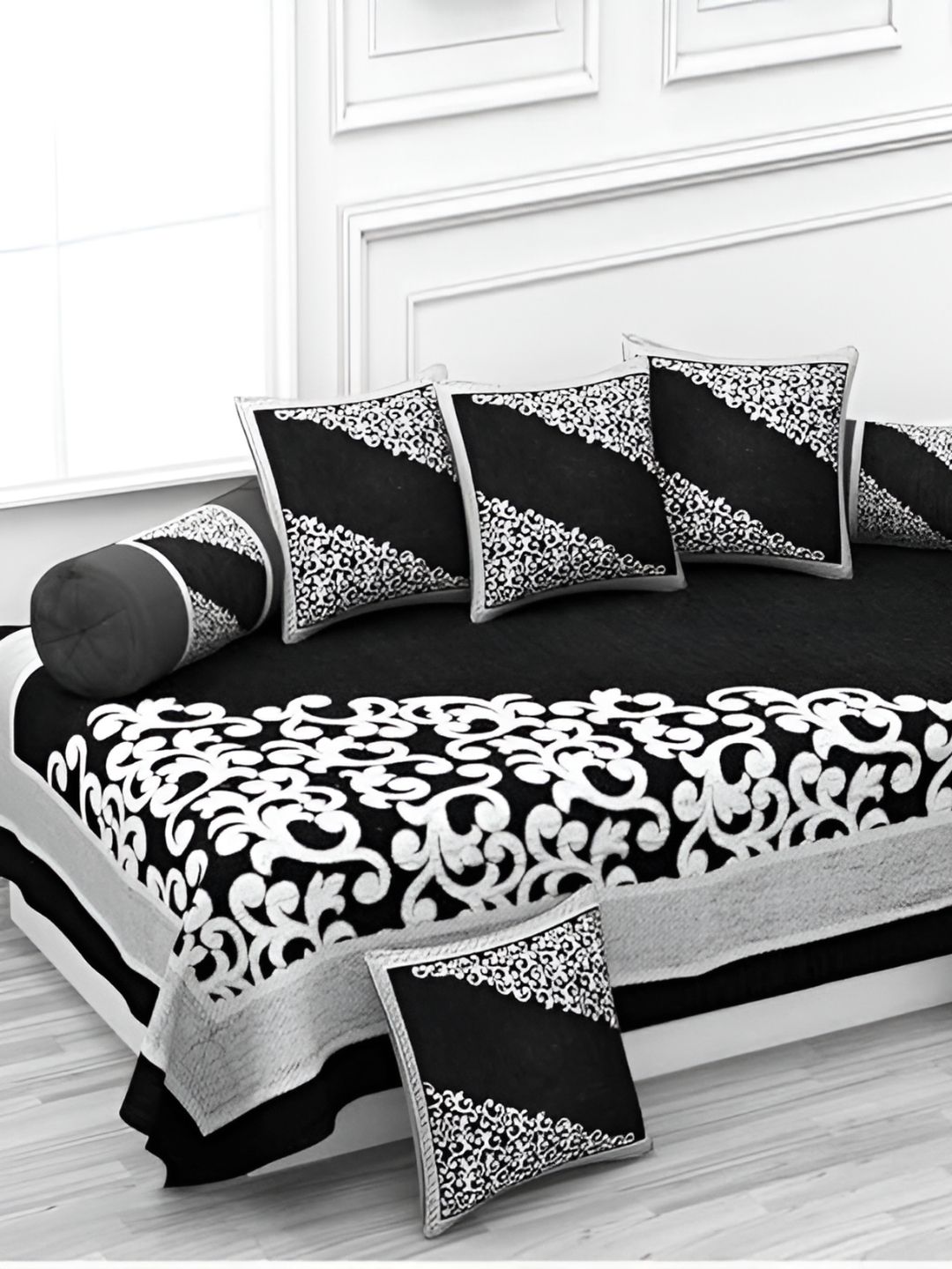A Next Step Black And White 8 Pieces Floral Self Design Velvet Diwan Set-picture-21