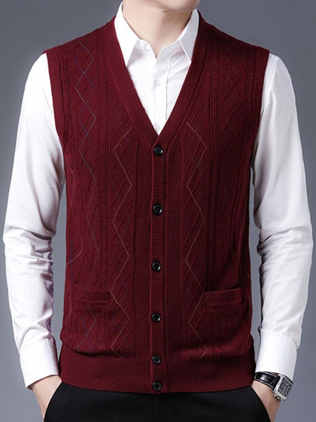StyleCast Men Cable Knit Self Design V-Neck Sweater Vest-picture-44