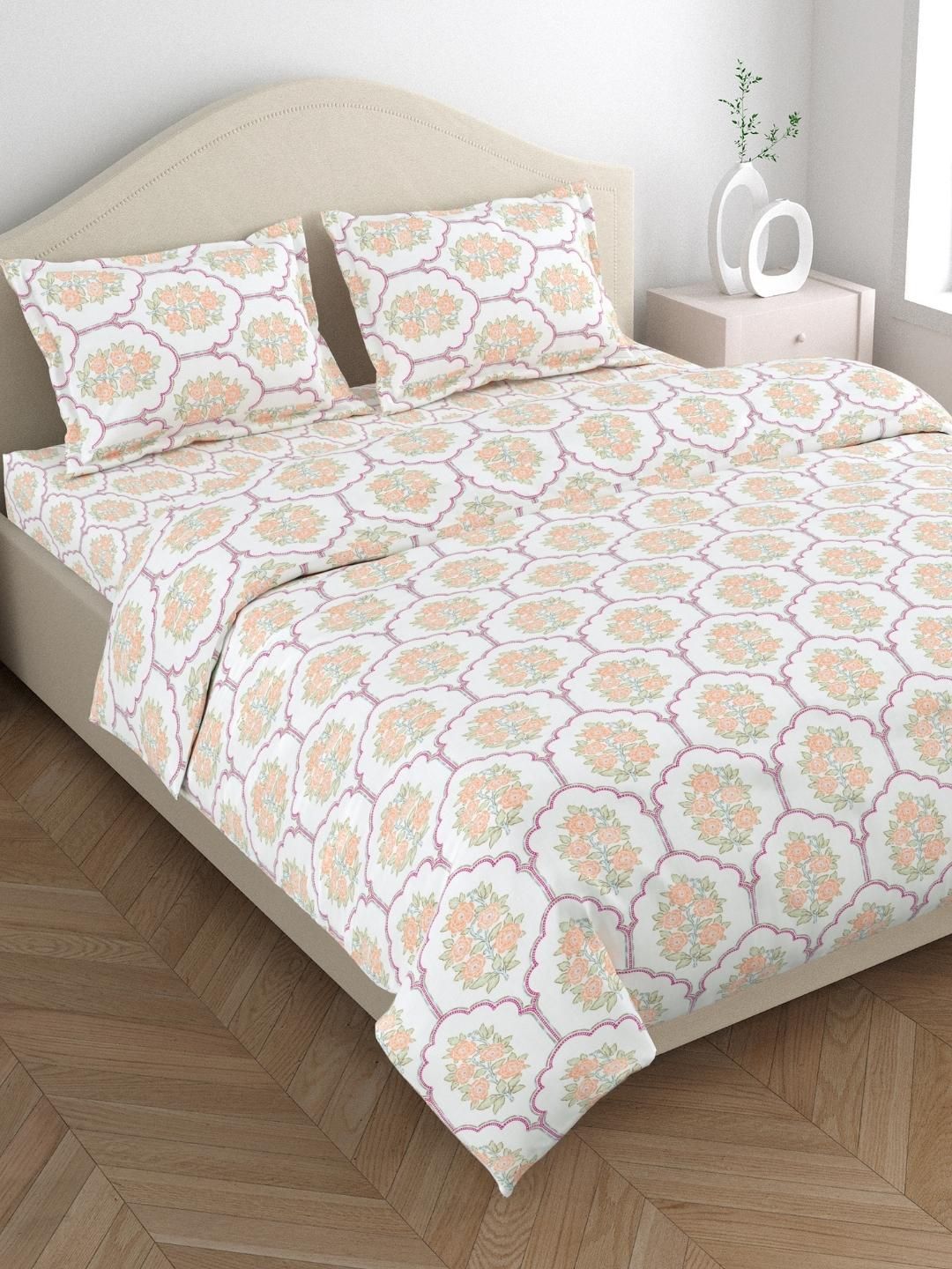 haus & kinder White & Orange Floral 186 TC Cotton Super King Bedsheet Set 2.75 m x 2.75 m-picture-3