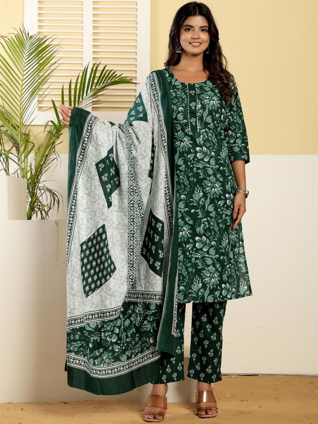 SHRIZA Women Floral Printed Cotton Kurta with Trousers & Dupatta-picture-11