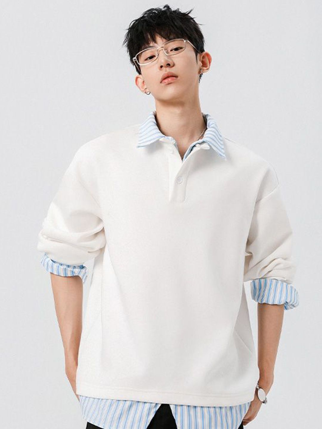 StyleCast x Revolte Men Striped Shirt Collar Sweatshirt-picture-31