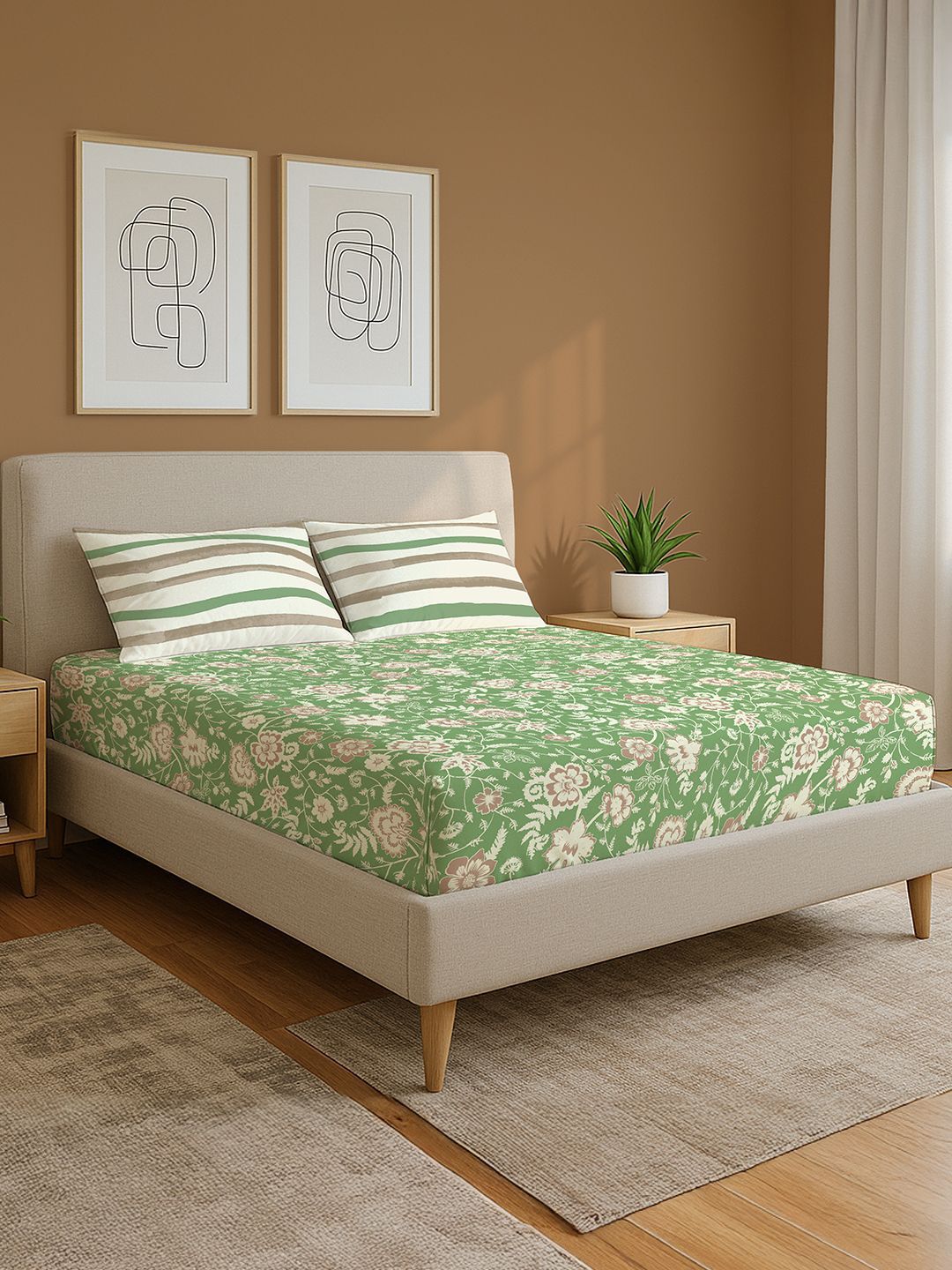 URBAN SPACE Green Floral Printed 144 TC Pure Cotton Queen Bedsheet Set 2.2 m x 2.54 m-image-35