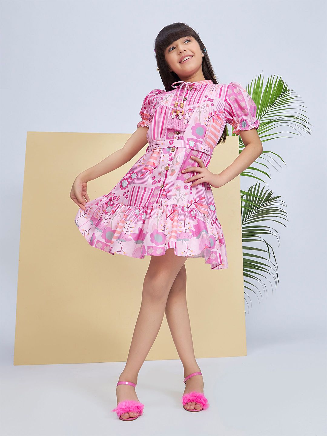 Peppermint Girls Abstract Printed Tie-Up Neck Puff Sleeve Tie-Ups Cotton Fit & Flare Dress-picture-15