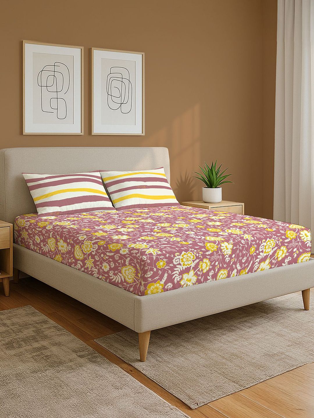 URBAN SPACE Pink & Yellow Floral Printed Cotton 144 TC Queen Bedsheet Set 2.23m x 2.54m-image-38