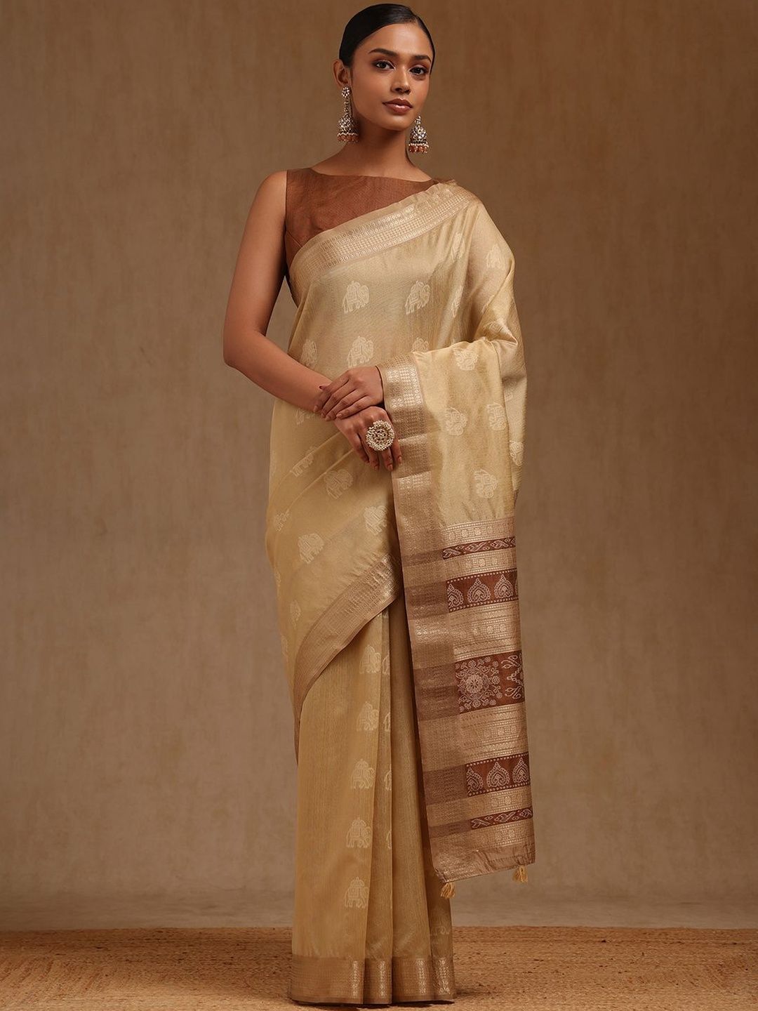 Soch Ethnic Motifs Zari Silk Blend Handloom Tussar Saree