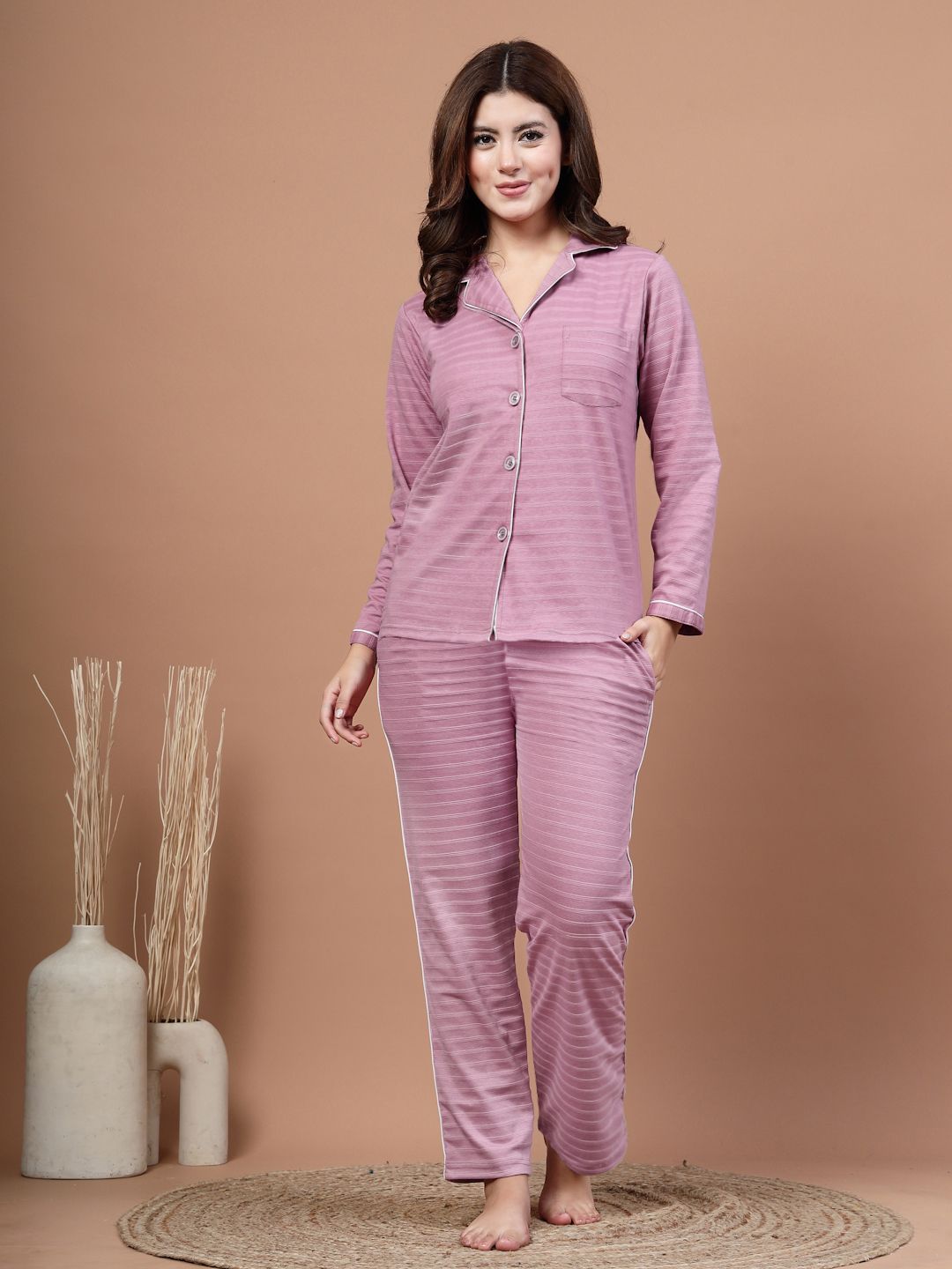 ETC Women Striped Lapel Collar Long Sleeves Shirt & Pyjamas Night suit-picture-15