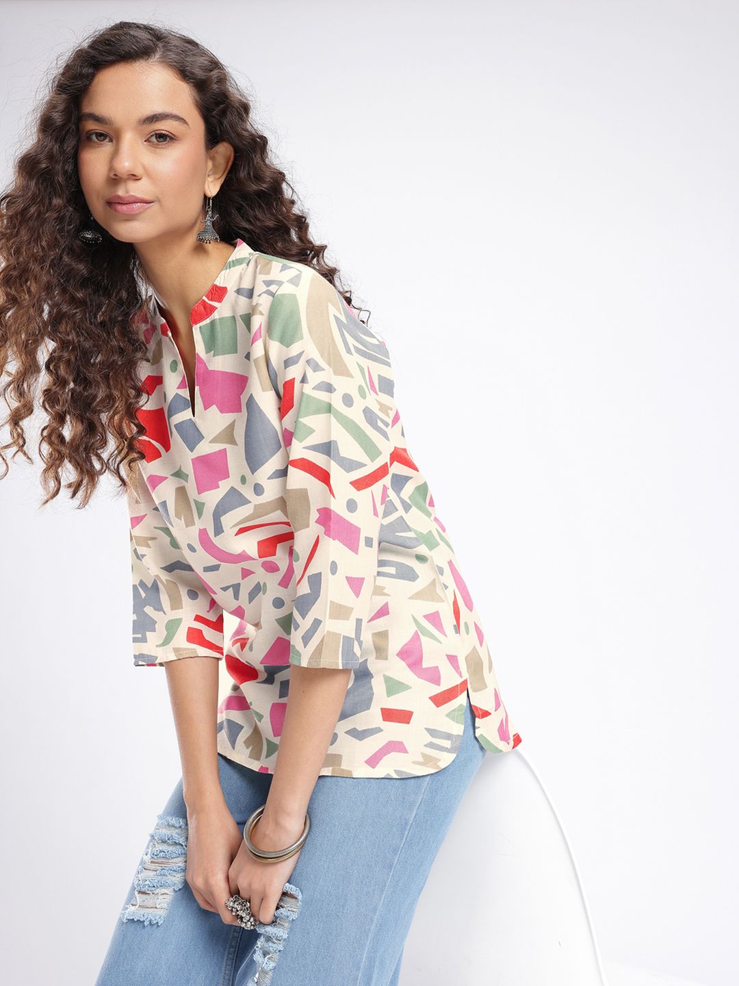 Anouk Rustic Geometric Printed Mandarin Collar Straight Kurti-picture-14