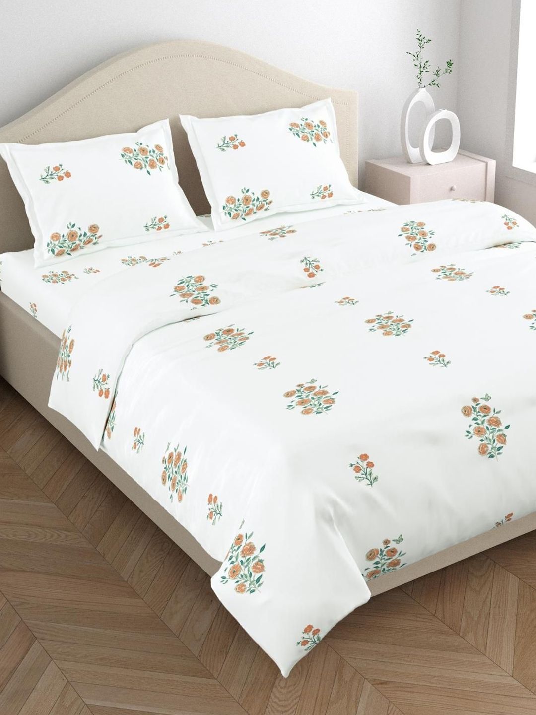 haus & kinder White & Green Floral 186 TC Super King Bedsheet Set 2.75 m x 2.75 m-picture-17