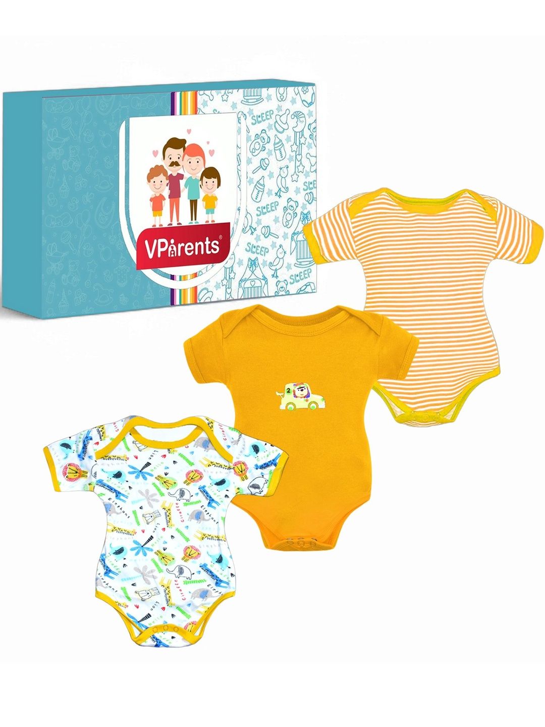 VParents Kids Pack Of 3 Printed Round Neck Cotton Rompers-picture-27