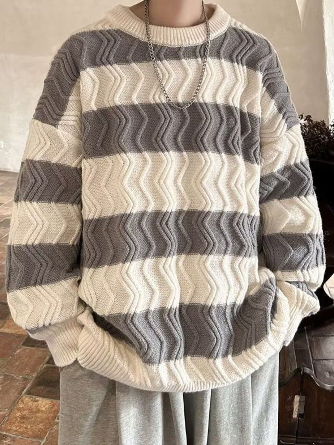 StyleCast x Revolte Men Cable Knit Self Design Round Neck Pullover-picture-15