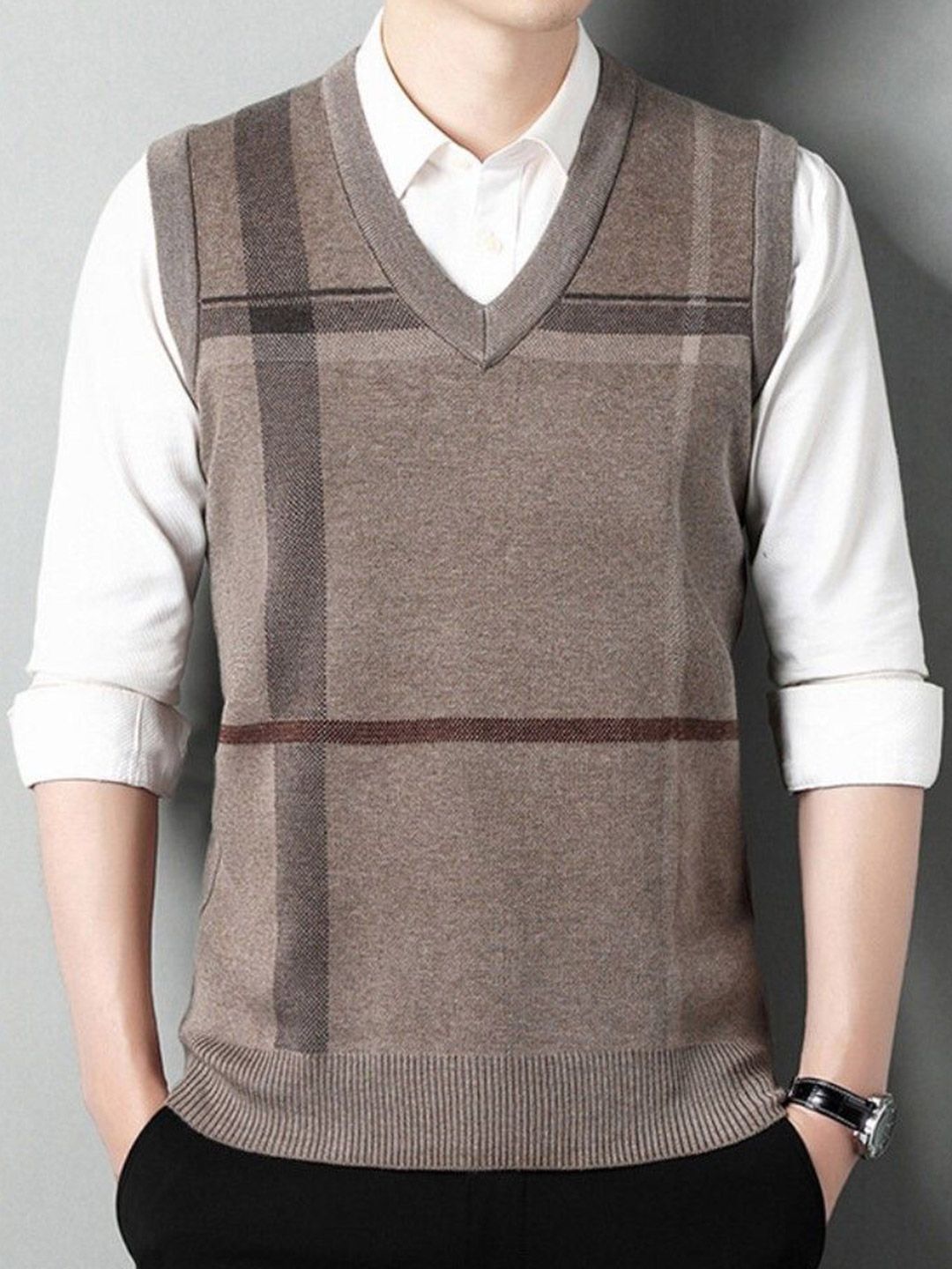 StyleCast Men Checked V-Neck Sleeveless Sweater Vest-picture-45
