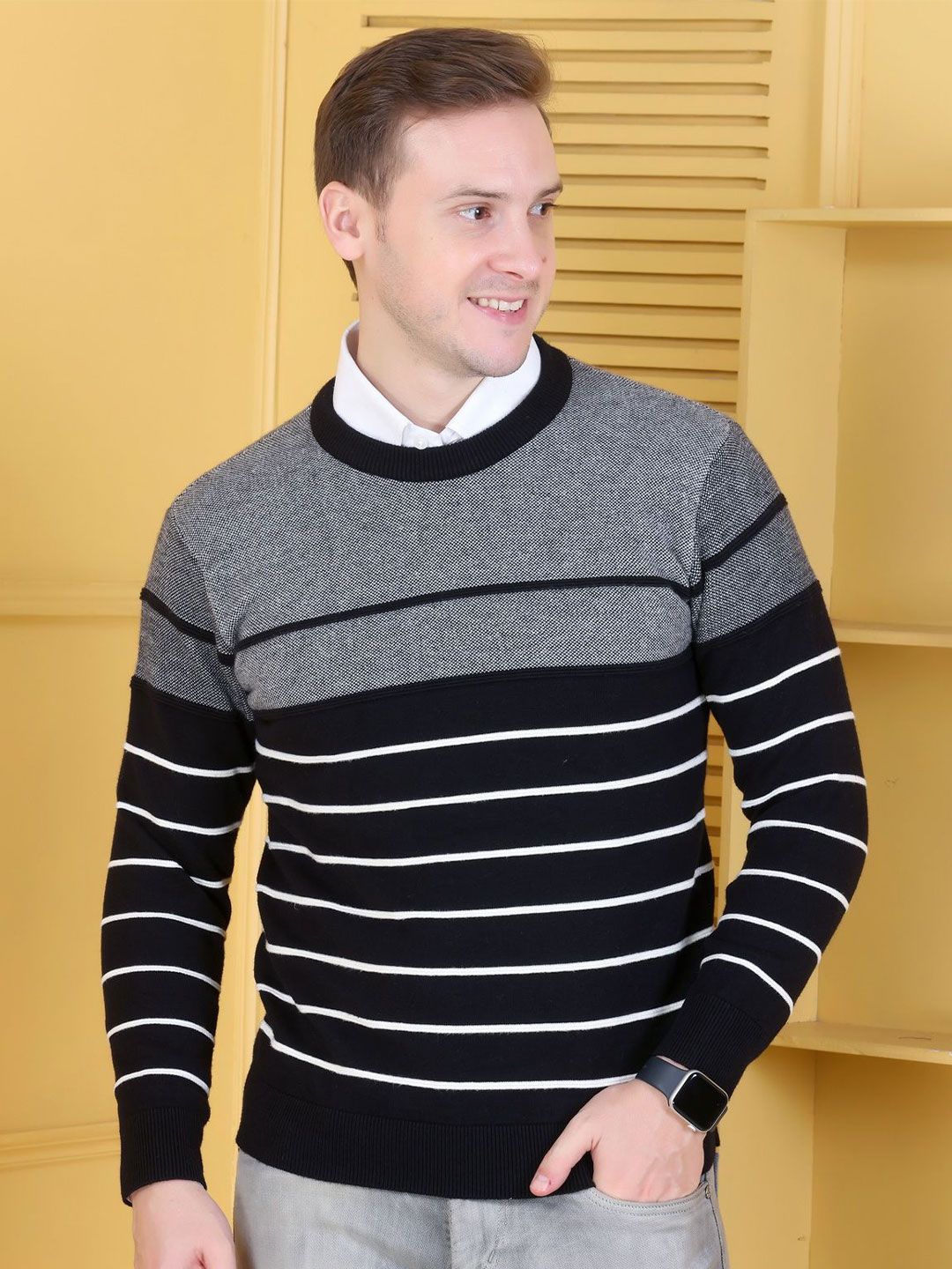 Dzant Men Striped Woollen Sweater Vest-picture-11