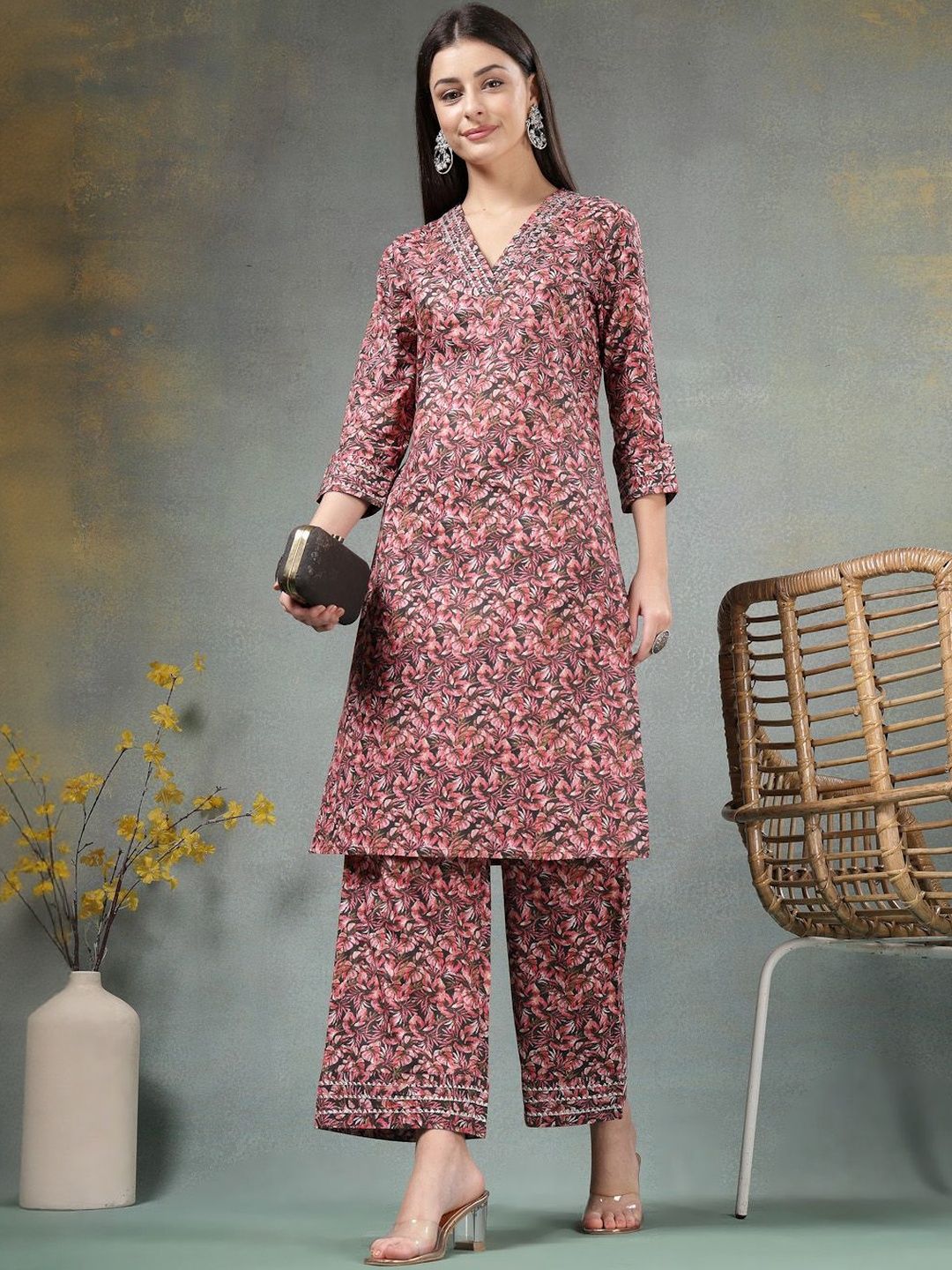 Anouk Women Floral Printed Regular Thread Work Pure Cotton Kurta with Palazzos-picture-37