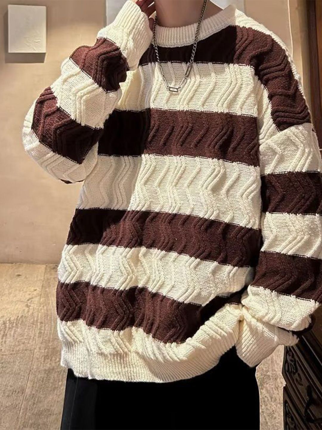 StyleCast x Revolte Men Cable Knit Striped Round Neck Long Sleeves Pullover Sweaters-picture-14