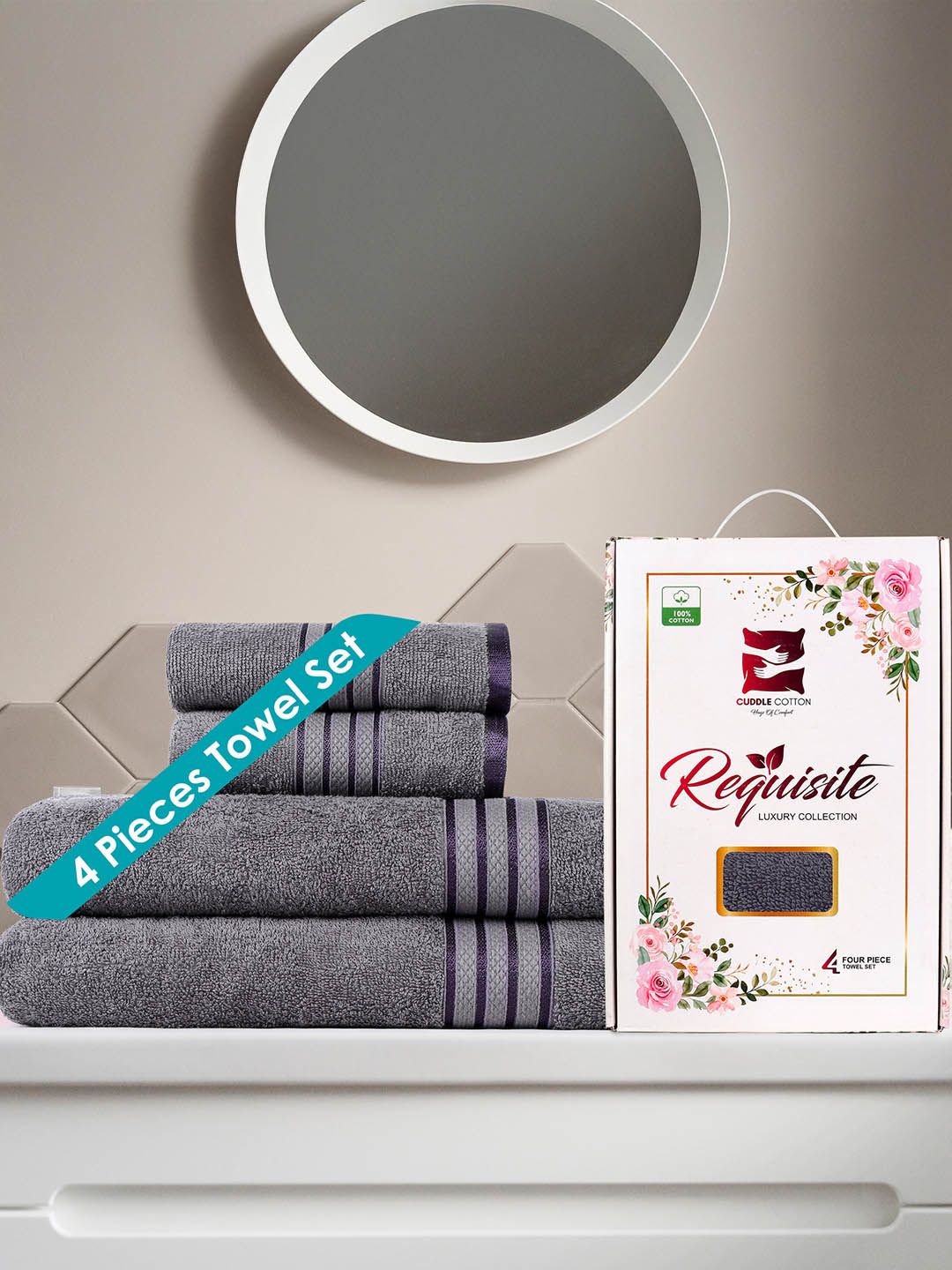 Cuddle cotton Grey Set Of 4 Cotton 400 GSM Towel Set-image-3