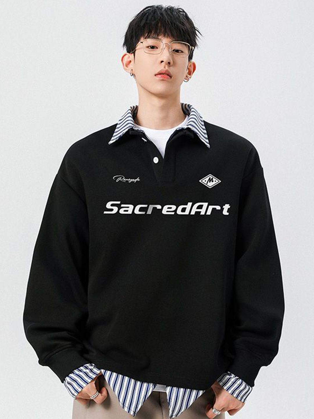 StyleCast x Revolte Men Typography Printed Shirt Collar Pullover Sweatshirt-picture-32
