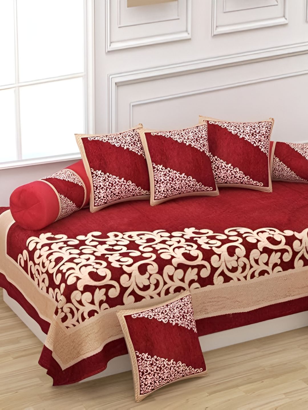 A Next Step Red And Beige 8 Pieces Floral Self Design Velvet Diwan Set-picture-22