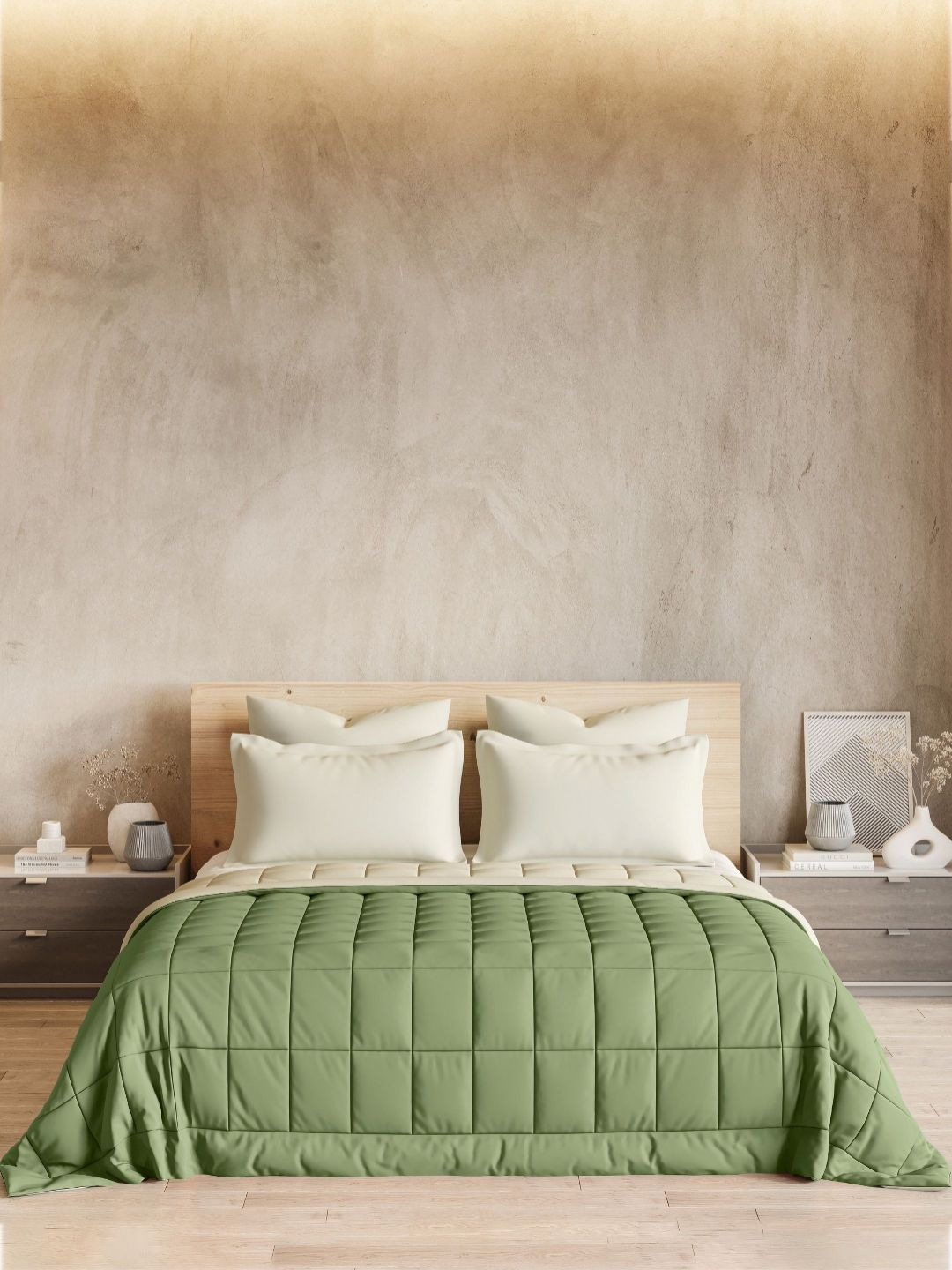 DDecor Green and Beige Pure Cotton Reversible AC Room King Size Quilt-image-15