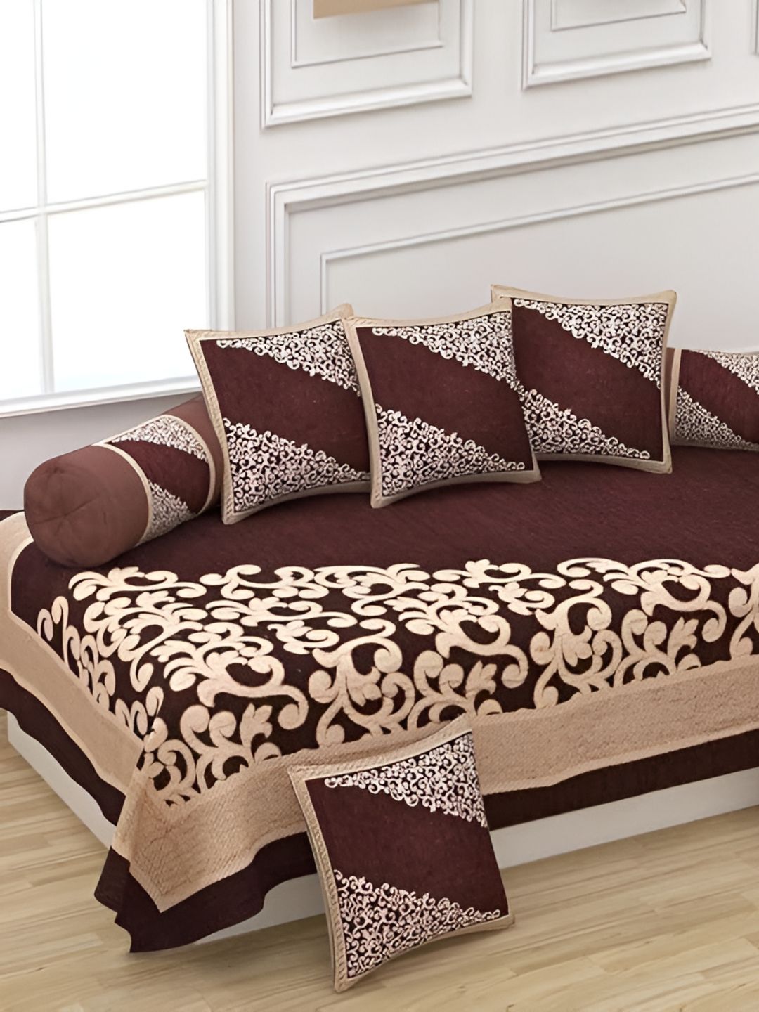 A Next Step Brown And Beige 8 Pieces Floral Self Design Velvet Diwan Set-picture-19