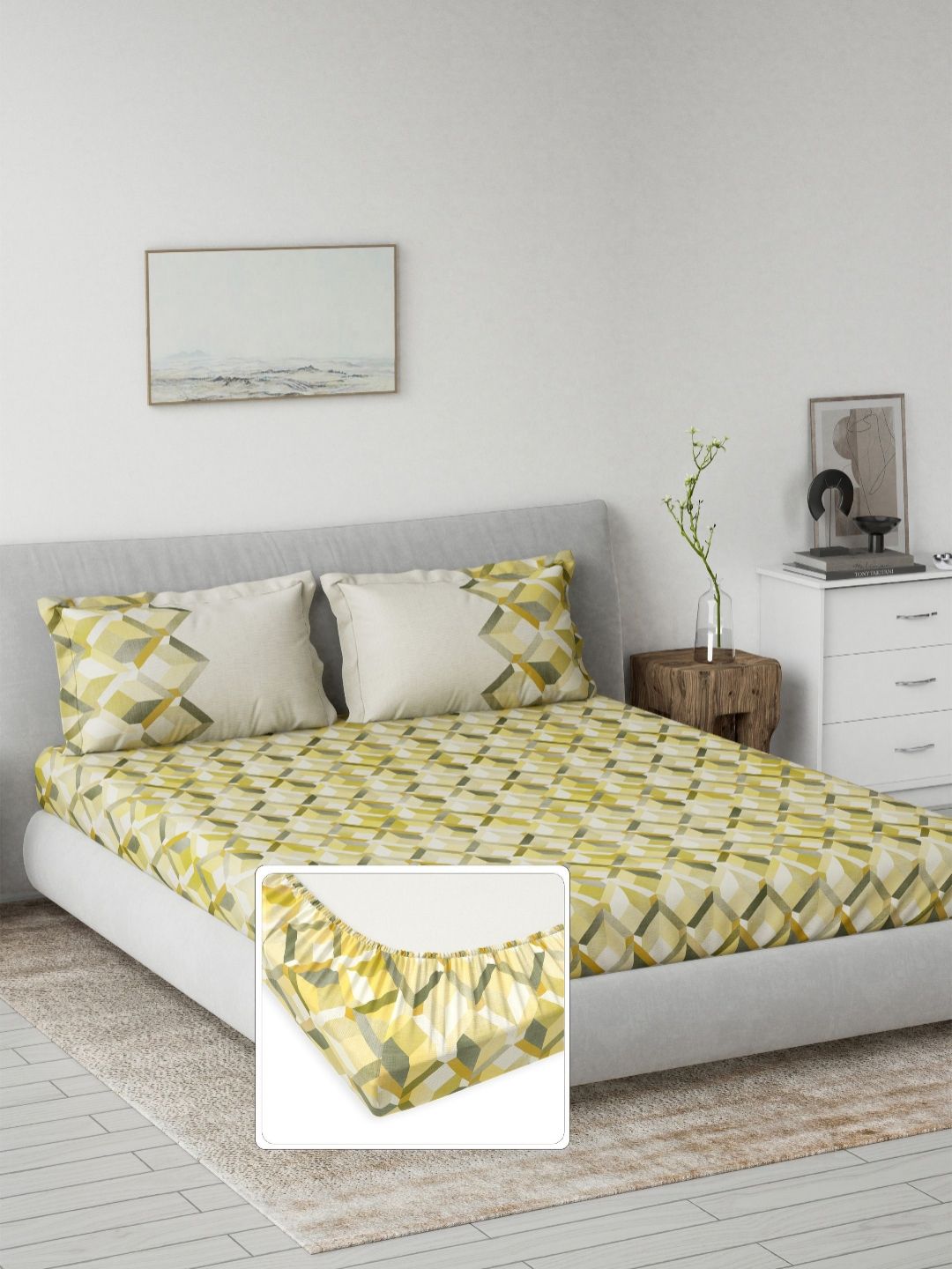 DDecor Primary Yellow & White Printed 144 TC Cotton King Bedsheet Set 1.82 m X 1.98 m-image-44