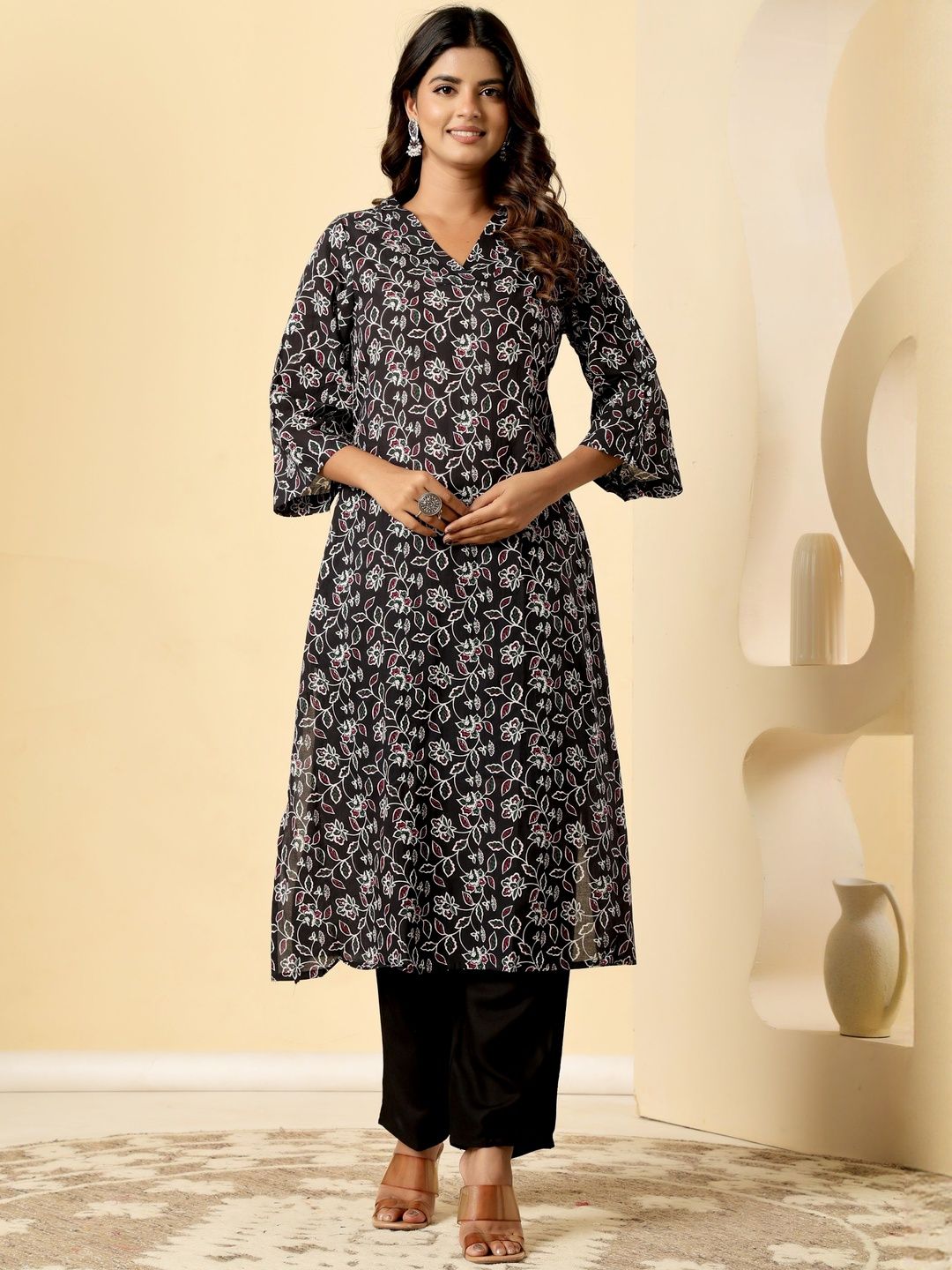SHRIZA Women Floral Printed Cotton A-Line Kurta with Trousers-picture-12