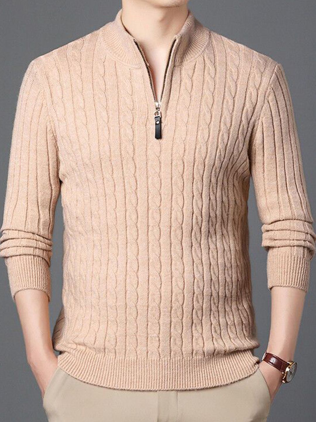 StyleCast Men Cable Knit Self Design Mock Collar Pullover Sweater-picture-19