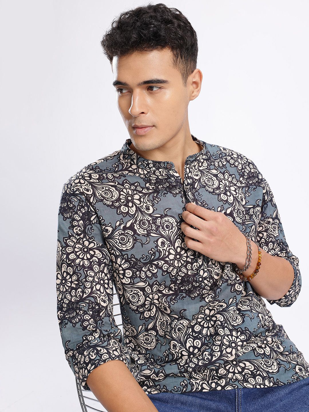 Anouk Rustic Floral Printed Band Collar Straight Kurta-picture-29