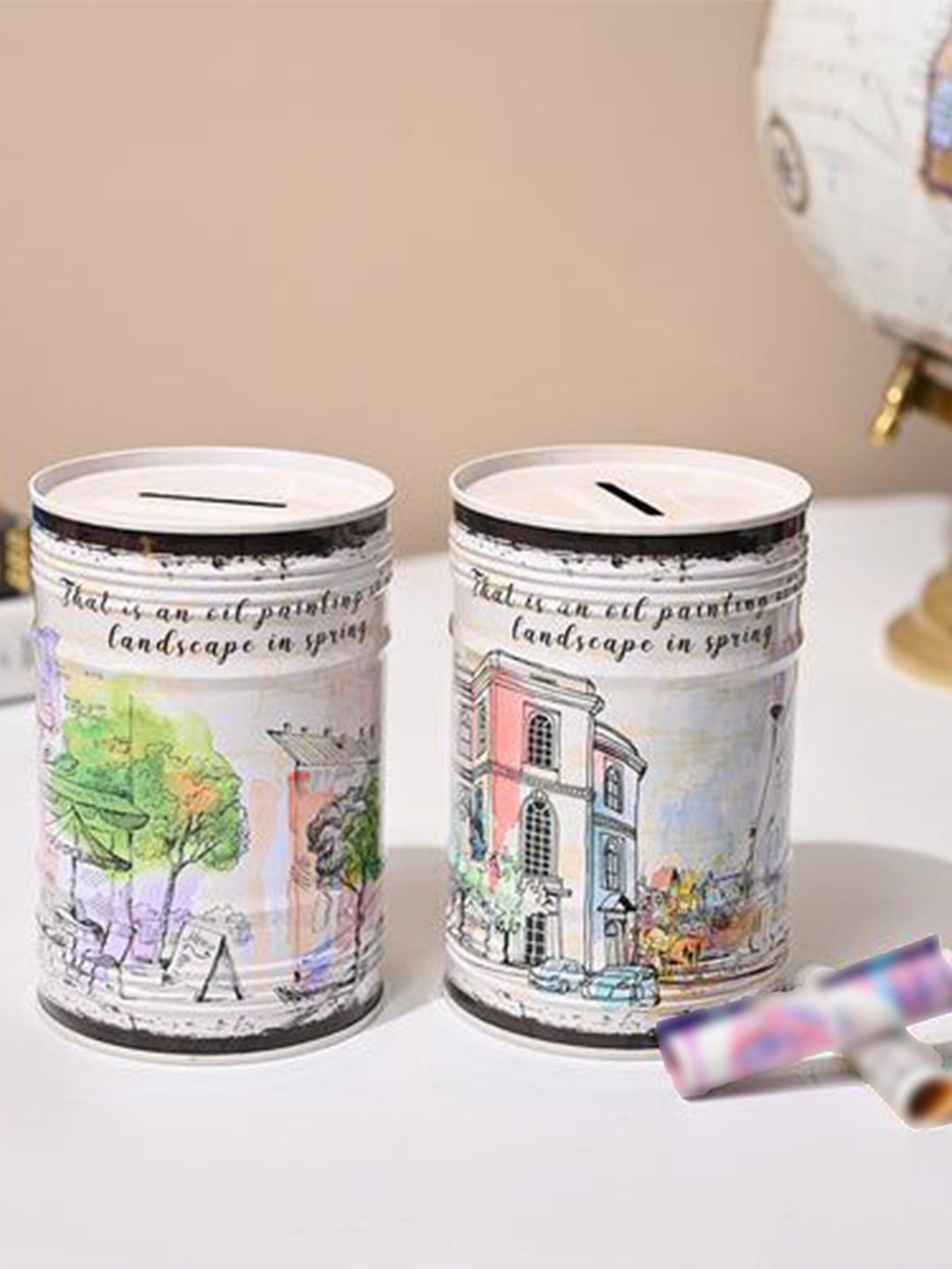 MARKET99 White & Black 2 Pieces Vintage Theme Printed Tin Money Banks-image-34