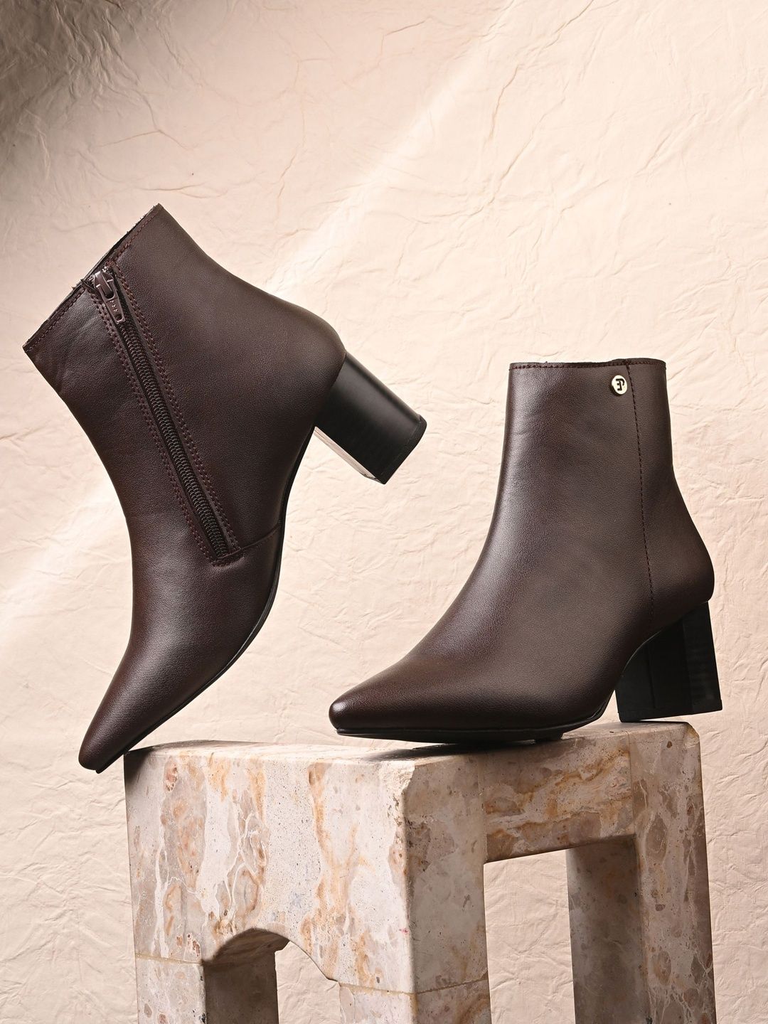 El Paso Women Brown Ankle Pointed Shape Zip Synthetic Block Boots-picture-18