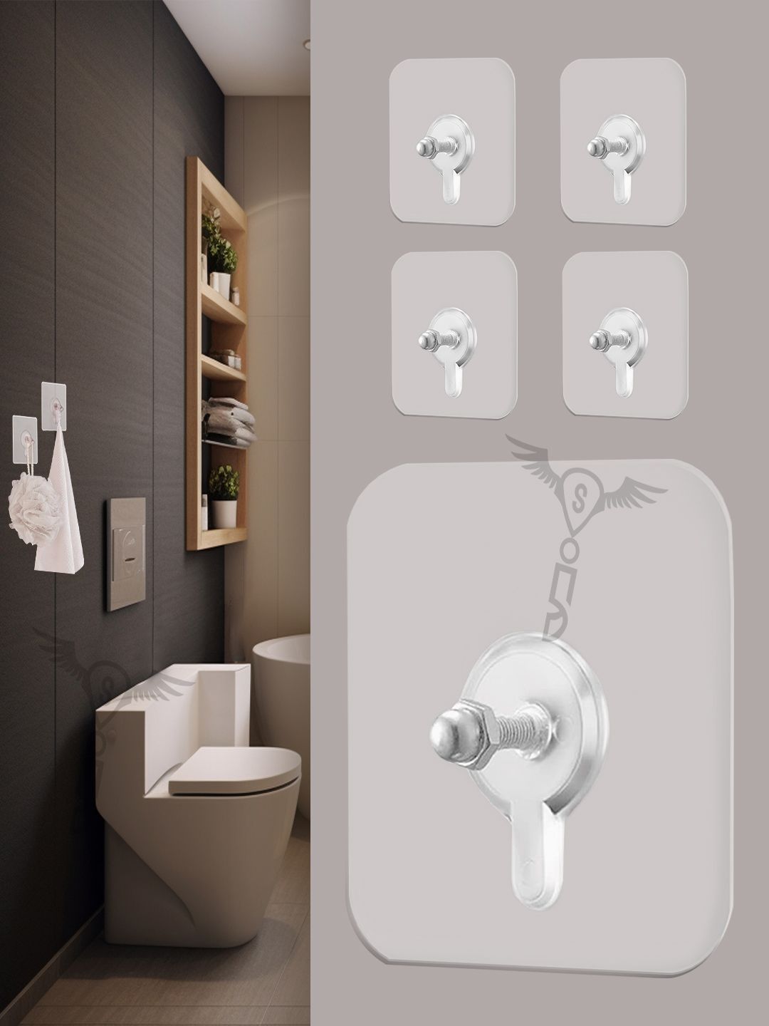 SITTELLA Set Of 5 Stainless Steel Self Adhesive Hooks and Holders-image-37