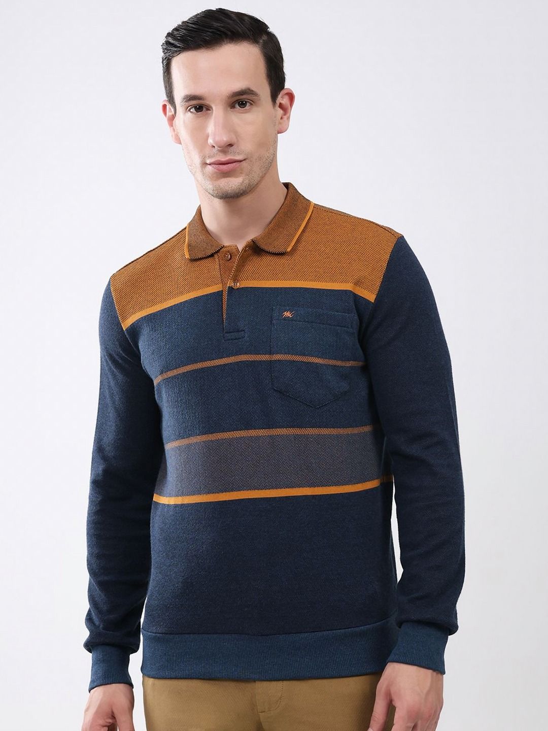 Monte Carlo Men Striped Shirt Collar Long Sleeves Pullover Casual Sweatshirt