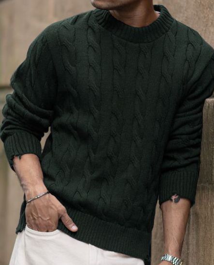 Buy Powerlook Men Cable Knit Round Neck Long Sleeves Pullover ...