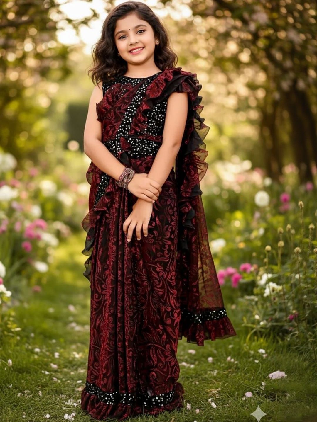 fashion field Girls Embellished Sequinned Ready to Wear Saree-image-4
