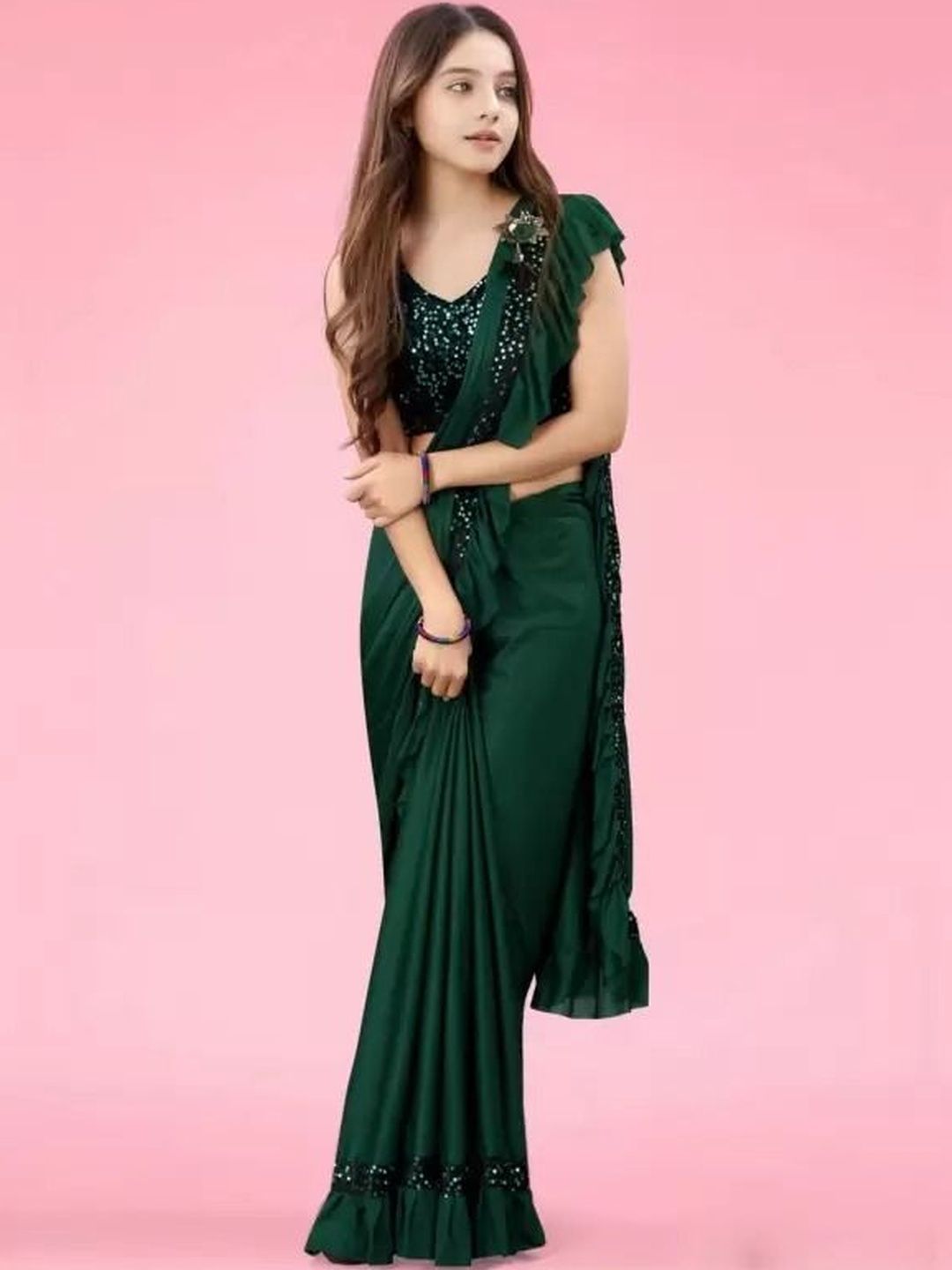 fashion field Solid Sequinned Ruffled Malai Saree-picture-11