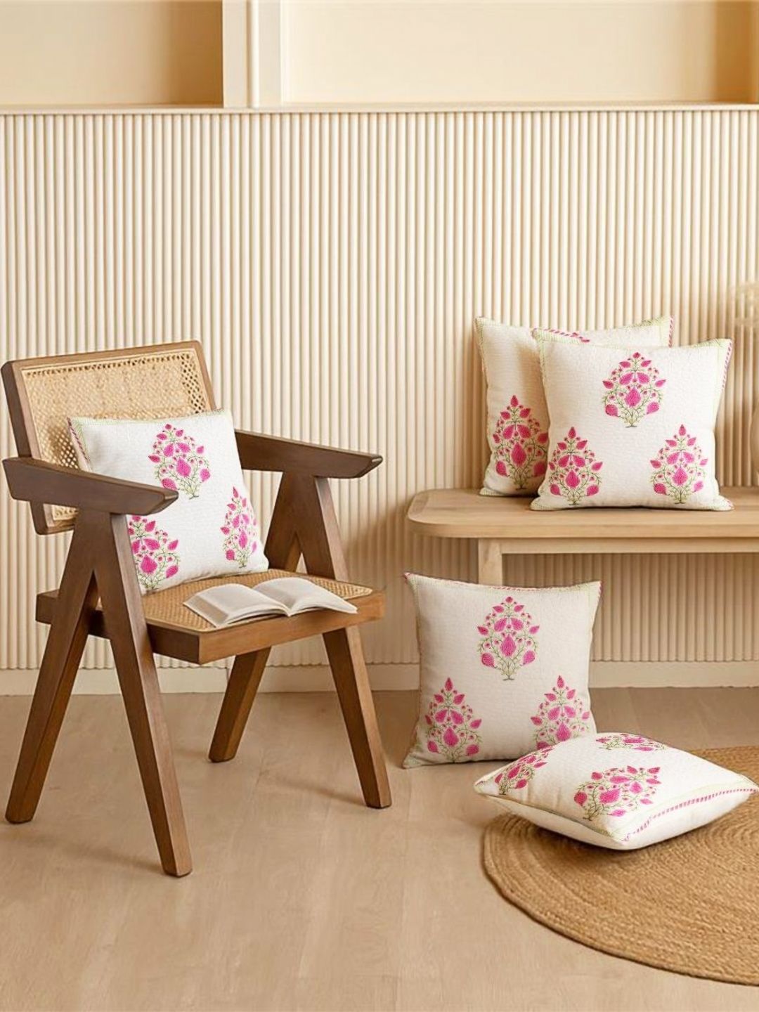 HOMEMONDE Pink & White 5 Pieces Floral Printed Cotton Square Cushion Covers-picture-24