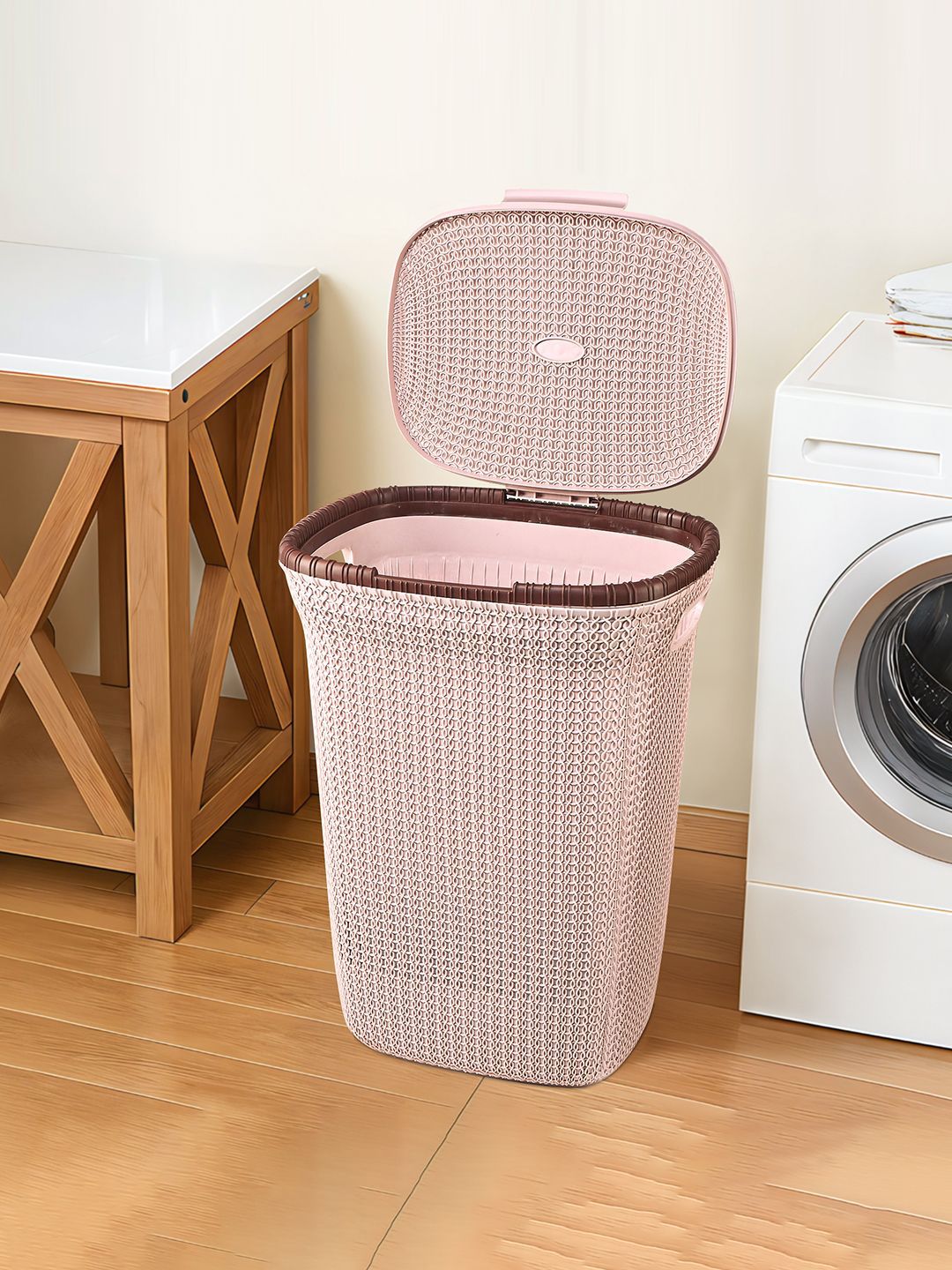 Kuber Industries Pink & Brown Textured Lightweight Laundry Basket With Lid & Handle - 55 L-picture-28