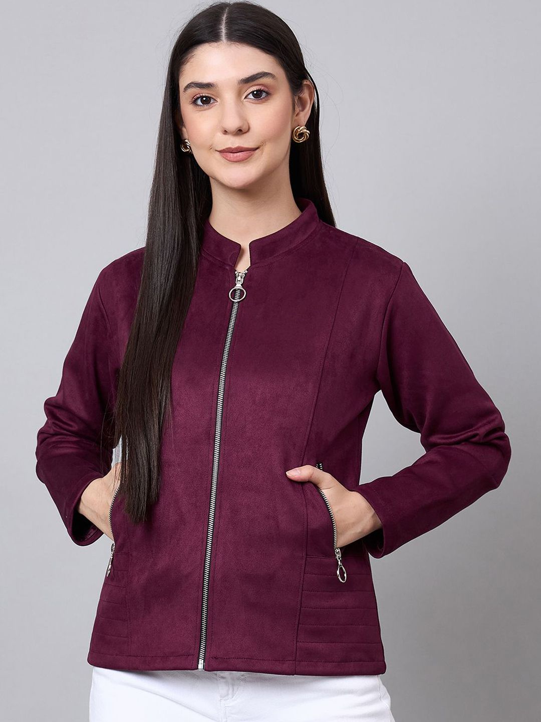 Spink Women Mandarin Collar Solid Lightweight Tailored Jacket-picture-49