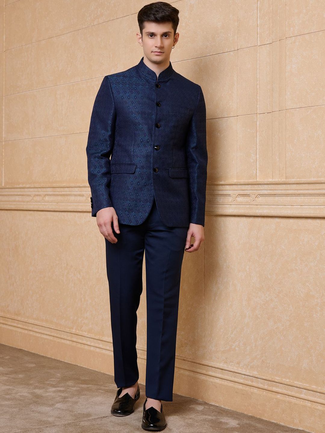 Tasva Self Design Mandarin Collar Jacquard Bandhgala Blazer-picture-35