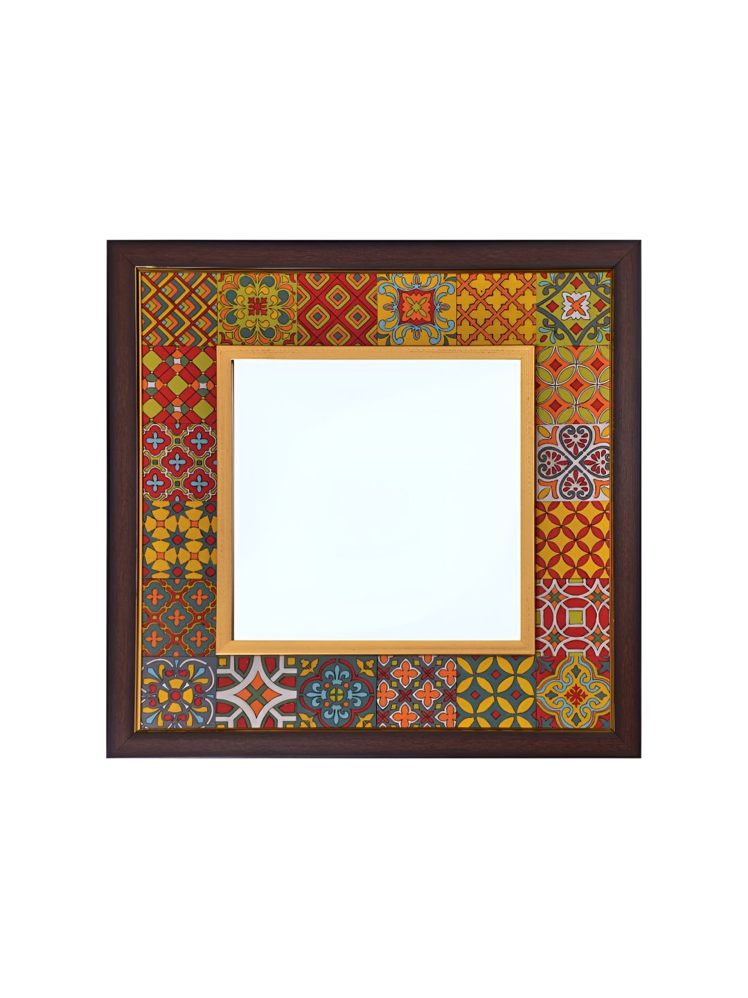 Creative Touch Red & Brown Printed Wooden Square Shaped Wall Mirror-picture-31